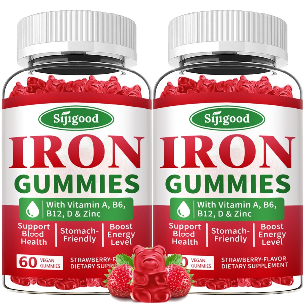 여성 및 남성을위한 2 팩 철 Gummies - 비타민 B12, 비타민 C, 아연, Folate - 에너지 부스트, 설탕 - 무료, 딸기 맛, 120 카운트와 Anemia & Iron Deficiency를위한 Vegan Iron Supplement