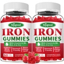 여성 및 남성을위한 2 팩 철 Gummies - 비타민 B12, 비타민 C, 아연, Folate - 에너지 부스트, 설탕 - 무료, 딸기 맛, 120 카운트와 Anemia & Iron Deficiency를위한 Vegan Iron Supplement
