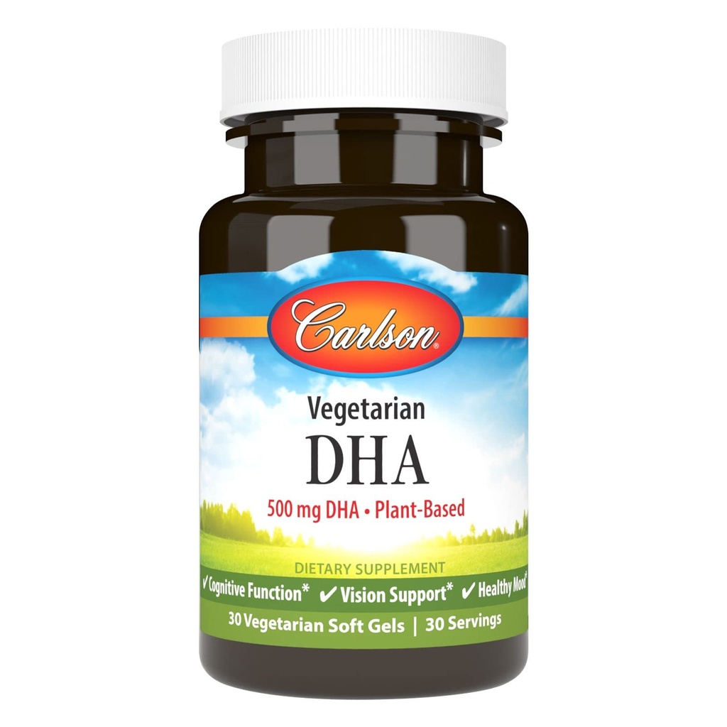 Carlson - 채식 DHA, 500 mg DHA, 식물 기반, Algae, Brain Support, Mood Health, 30 Softgels에서 지속 가능한 소스