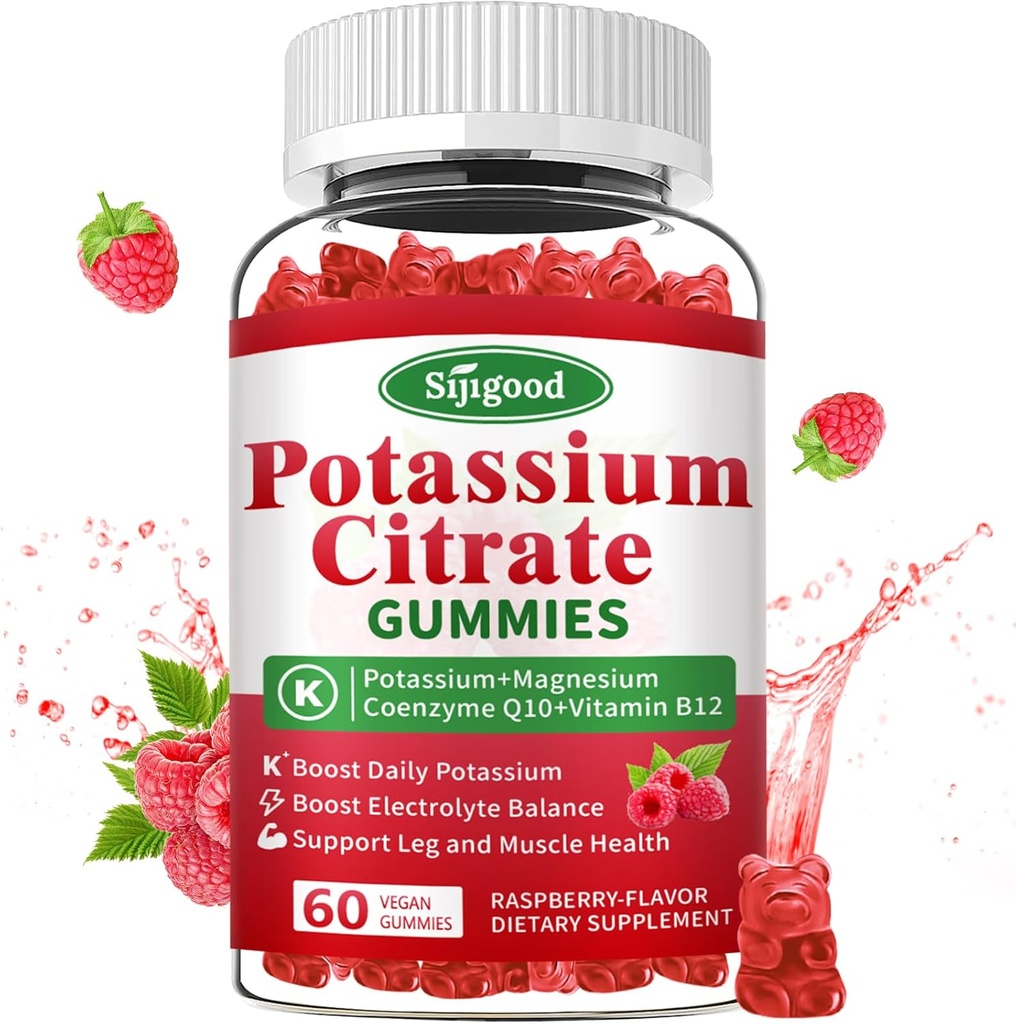 칼륨 구연산염 Gummies – 근육 건강을 위한 칼륨 보충교재, 다리 주름 기복 & Electrolyte 균형, Vegan, 비 GMO, 글루텐 자유로운, 라즈베리 풍미, 60 조사