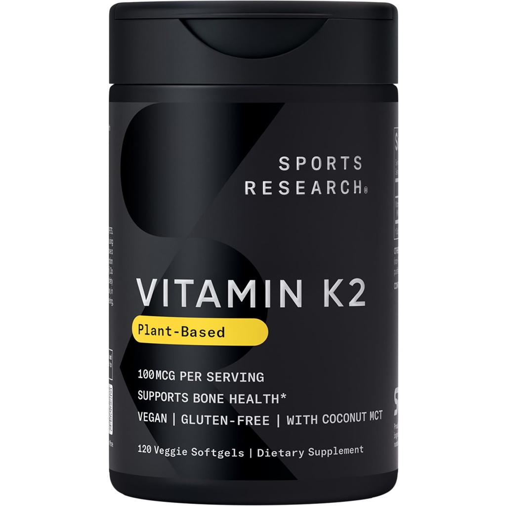 MK-7 100mcg으로 스포츠 연구 비타민 K2 코코넛 MCT 오일 - 120 Veggie Softgels (4 개월 공급) Vegan 인증, 비 GMO 인증, 글루텐 & Soy 무료