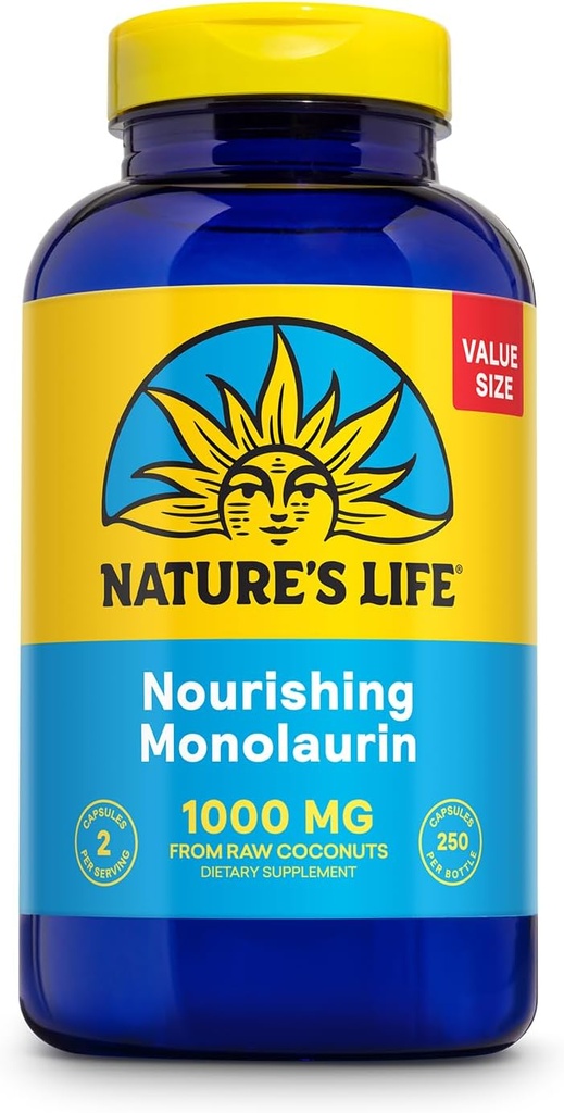 Nature's Life Monolaurin 1000 mg, 천연 원료 코코넛, 면역 지원 보충교재, Gut 건강, 균형 잡힌 Gut Flora, 60 일 보증, 125 서빙, 250 채식 캡슐