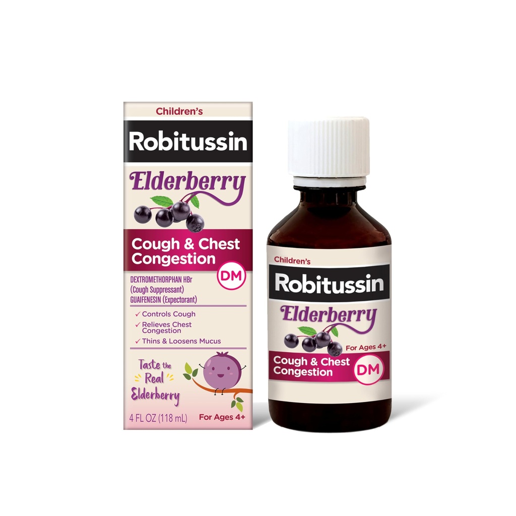 Robitussin Elderberry 기침 + 가슴 혼잡 DM 어린이 기침 의학, 가슴 혼잡 구호 및 기침 시럽 - 4 Fl Oz