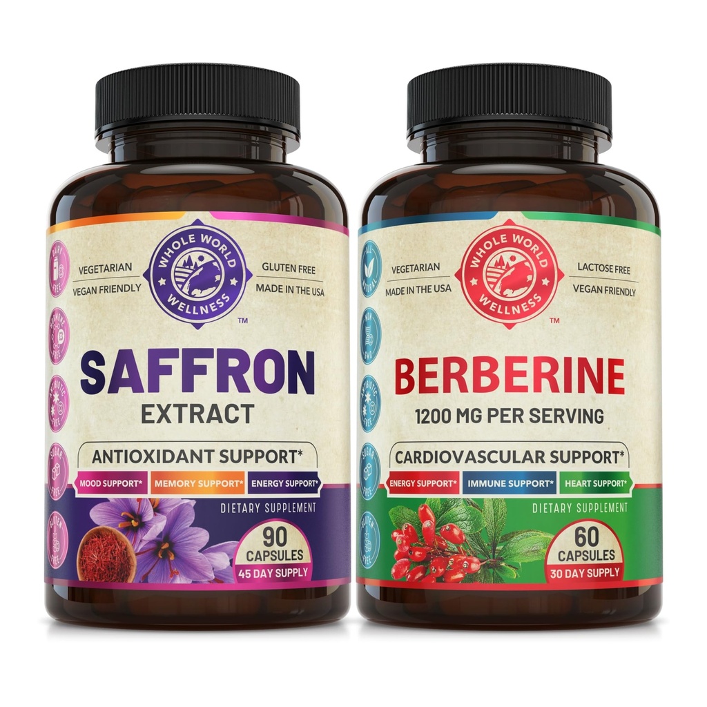 Pure Saffron Extract & Premium Berberine 번들 (각 병 1 개). 지원 계류, 에너지 부스트, 대사 기능. 미국 제작.