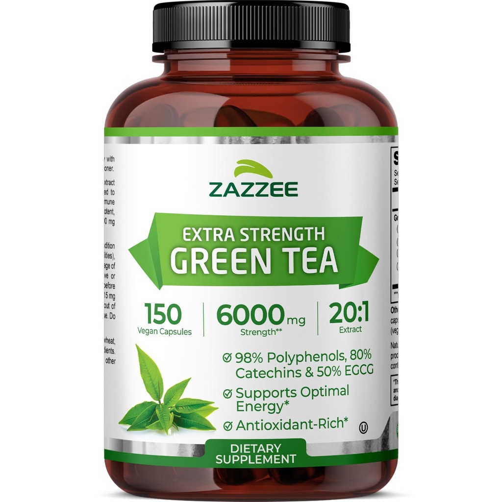 Zazzee 여분 힘 녹차 20:1 추출물, 6000 mg 힘, 50% EGCG, 98% 폴리페놀 및 80% Catcehins, 150 Vegan 캡슐, 5 달 공급, 표준화되고 집중된 20X 힘, 비 GMO