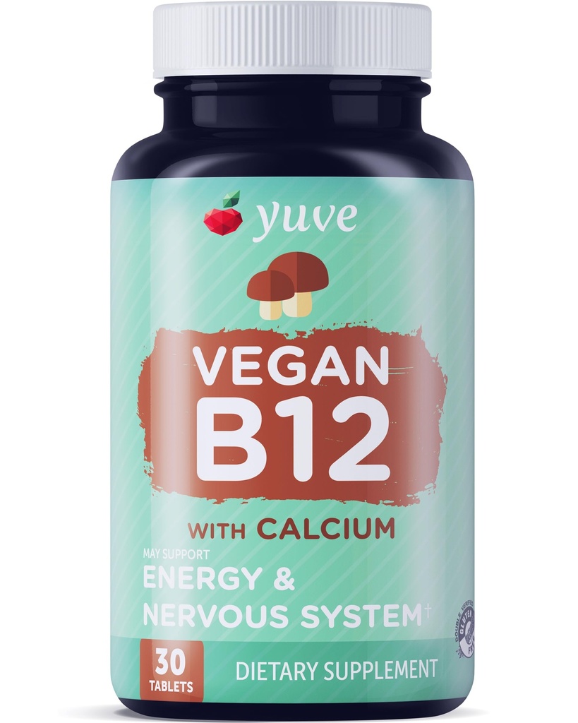 최대 흡수를위한 칼슘이있는 Yuve Vegan B12 - Active Energy & Central Nervous System Support - 1000mcg Cobalamin 비타민 B 12 - 자연, 비 GMO, 글루텐 - 무료, 설탕 - 무료 - 30 탭