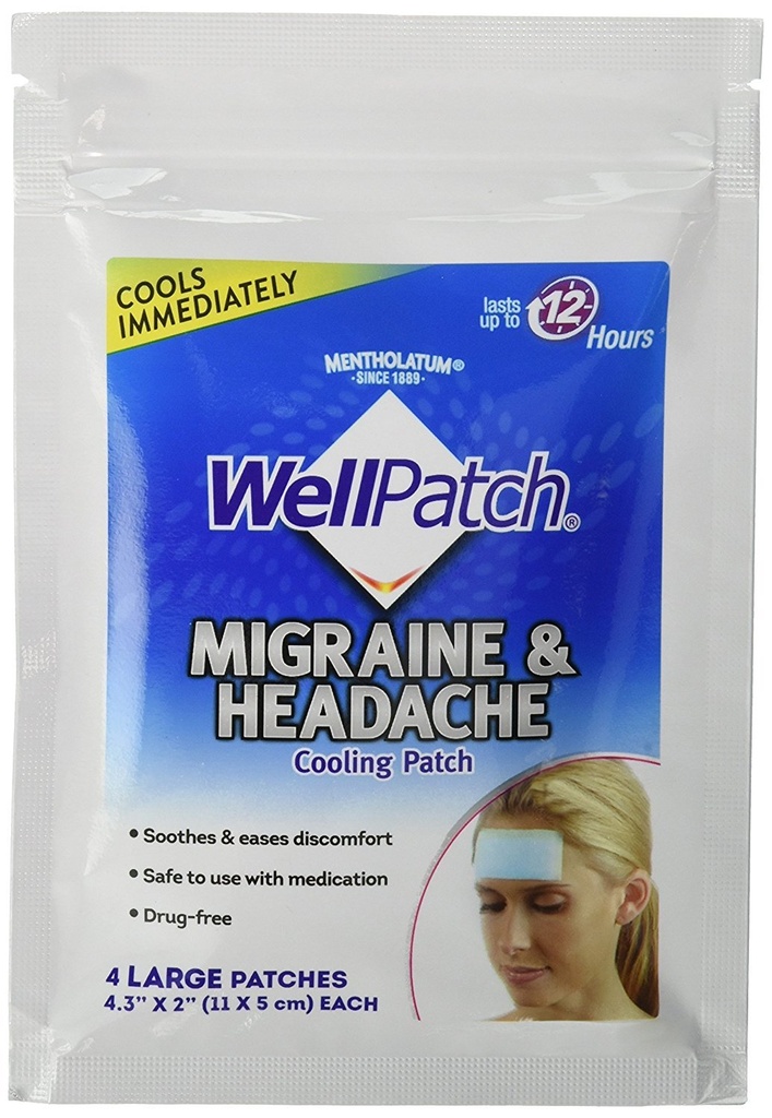 WellPatch Migraine & Headache 냉각 패치 - 약물 무료, 12 시간까지 지속, 약물 치료와 사용 안전 - 대형 패치 (4 대형 패치), 각 4.3 x 2