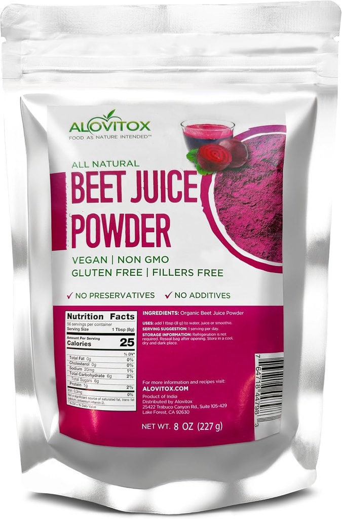 Alovitox Organic Beet Juice Powder | 100 % 순수하고 신선하며 USDA Beet Juice Extract Powder | Nitric Oxide Superfood | Vegan, Non - Gmo & Gluten-Free | 지원 Energised 및 효과적인 운동 세션 (8 oz)