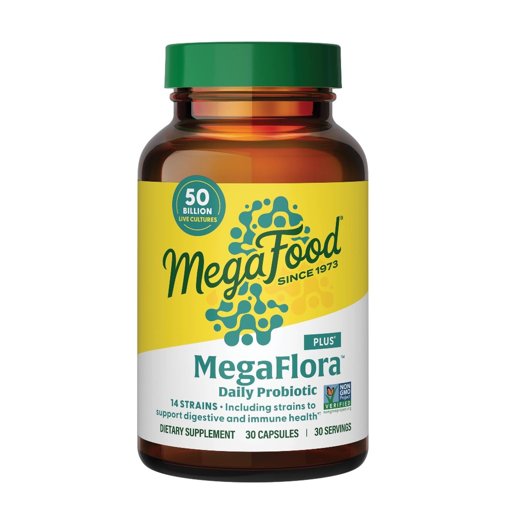 MegaFood MegaFlora Probiotic Plus - 여성 및 남성 소화 건강을위한 Probiotics - 50 억 CFUs & 14 Strains - 면역 지원 보충 - 채식 - 30 캡슐