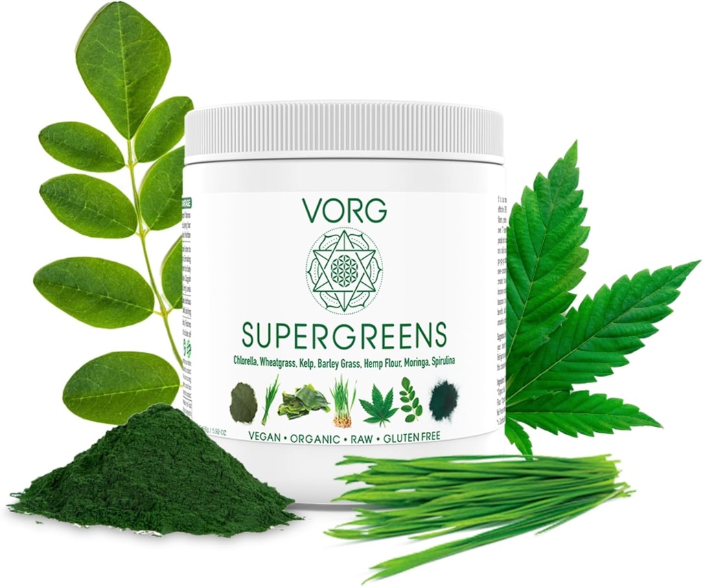 VORG SuperGreens - #1 Chlorella, Barley Grass, Moringa, Kelp, Spirulina, Wheatgrass - 100 % 유기 - Probiotics, 섬유 및 효소 (1 주 공급)