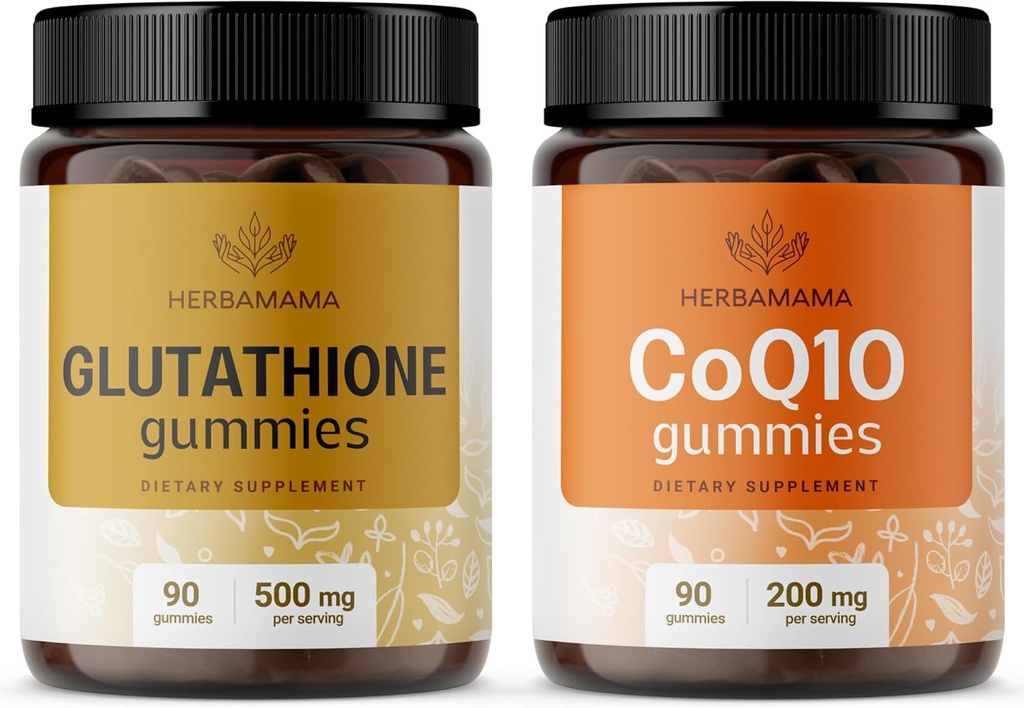 HERBAMAMA Glutathione 및 CoQ10 키트 - 500 mg 감소 L-Glutathione 및 200 mg CoQ10 Gummies의 번들 - Vegan, Non-GMO, 젤라틴 - 무료 - 2 팩