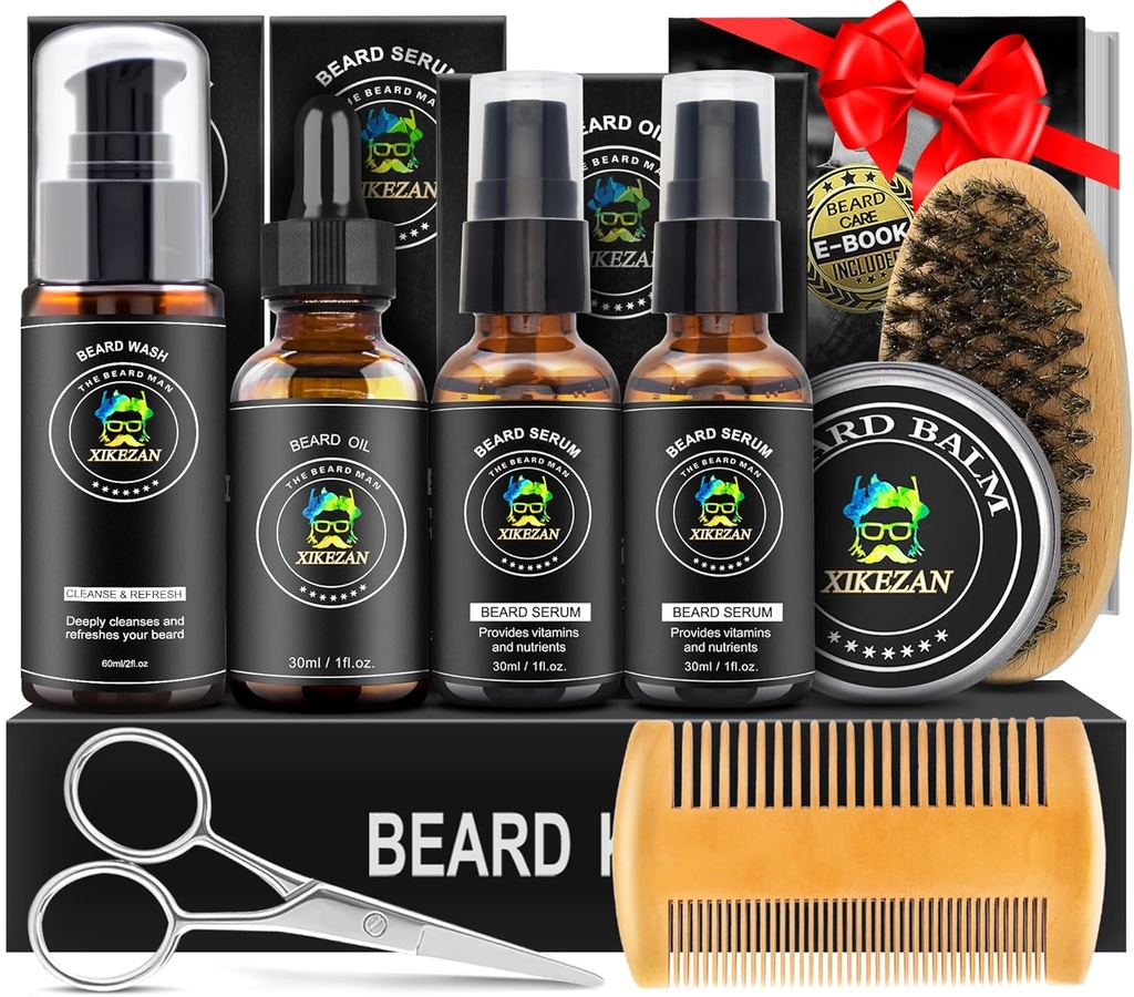 남자 Grooming & Care Set w/2 Pack Beard Serum, Wash, Oil, Balm, Comb, Brush, Scissor, Bag, EBook, Men 아빠 형제 크리스마스 Stocking Stuffers를위한 독특한 생일 선물을위한 XIKEZAN Beard Kit