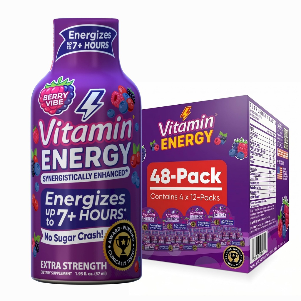 비타민 에너지 Mood+ 여분 힘 에너지 탄 열 열대 베리 48 팩, 260mg 자연적인 카페인, B 비타민, Rhodiola, Chamomile, Mood & 에너지 지원, 영 설탕, 글루텐 자유로운, Vegan, 1.93 fl oz