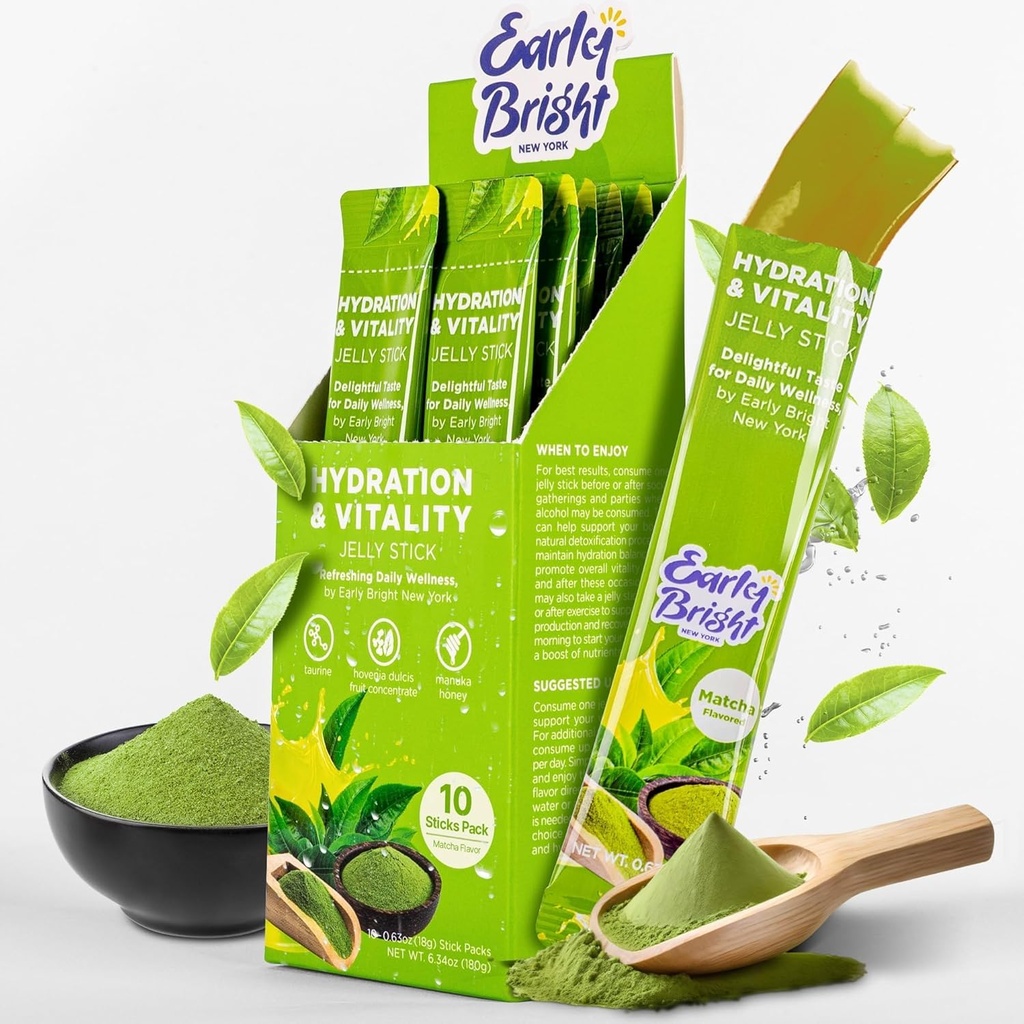 젤리 스틱 - 더 나은 아침에 대한 Matcha-Flavored 음주 후, 라이브 지원 & 타우린과 활력, 새로 고침 및 Energized 느낌, 18gX10ea
