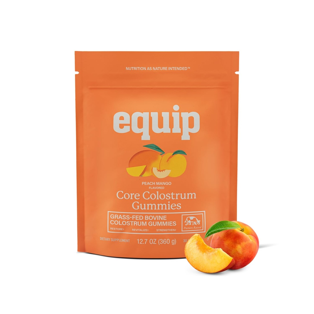 Equip 음식 핵심 Bovine Colostrum Gummies, 조각 잔디 당 맛 있는 1g는 Colostrum 보충교재 - Gut 건강, Immunity, 회복, 머리 & 피부 - 60의 Bovine Colostrum Gummies, 30의 서빙, 복숭아 Mango