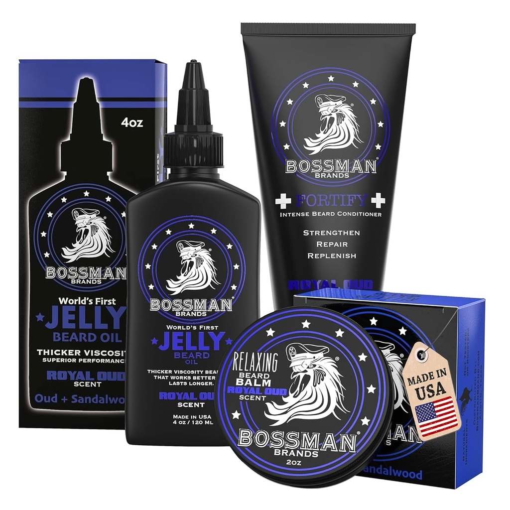 Bossman Essentials Beard Kit for Men, Set of 3 - Beard Oil Jelly, Fortifying 컨디셔너 크림, Beard Balm - Grooming Growth Care Accessories - 남성용 선물 세트 (로얄 오드)