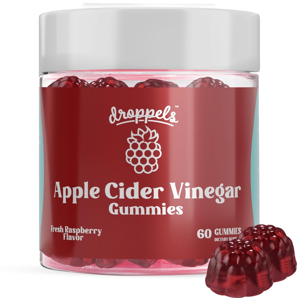 Droppels Apple Cider Vinegar Gummies 1000mg with Beet Root & Pomegranate | Non-GMO, Vegan-Friendly, Gluten Free | Digestion, Metabolism, Energy & Immune Health | 라즈베리 맛