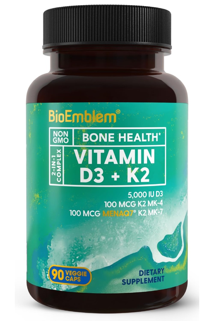BioEmblem 비타민 D3 K2 캡슐 (5000IU 및 200mcg) - 3에서 1 복합 지원을위한 특허 MK7 및 MK4 - 치아, 심장, 면역 체계를위한 채식 비타민 D K2 보충 - Non-GMO, 90 캡