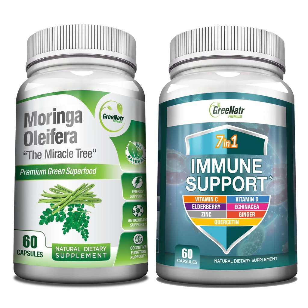 GreeNatr 에너지 지원 & 면역 방어 뭉치: 순수한 Moringa Oleifera 잎 추출물 Veggie 캡슐 (1000 mg) 에너지, 계류, 기억, 초점을 위한 7에서 1개의 면역 지원 공식을 가진
