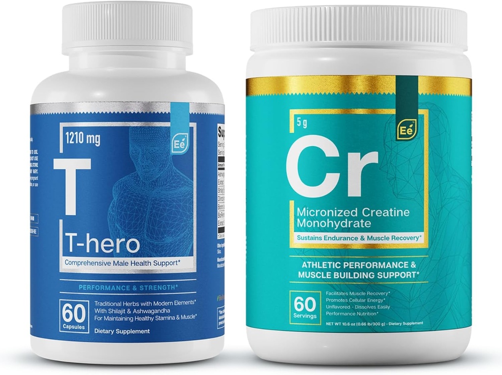 필수 요소 T-Hero + Micronized Creatine Monohydrate | 남성 건강 보충교재 - 근육 지원 & T-Health