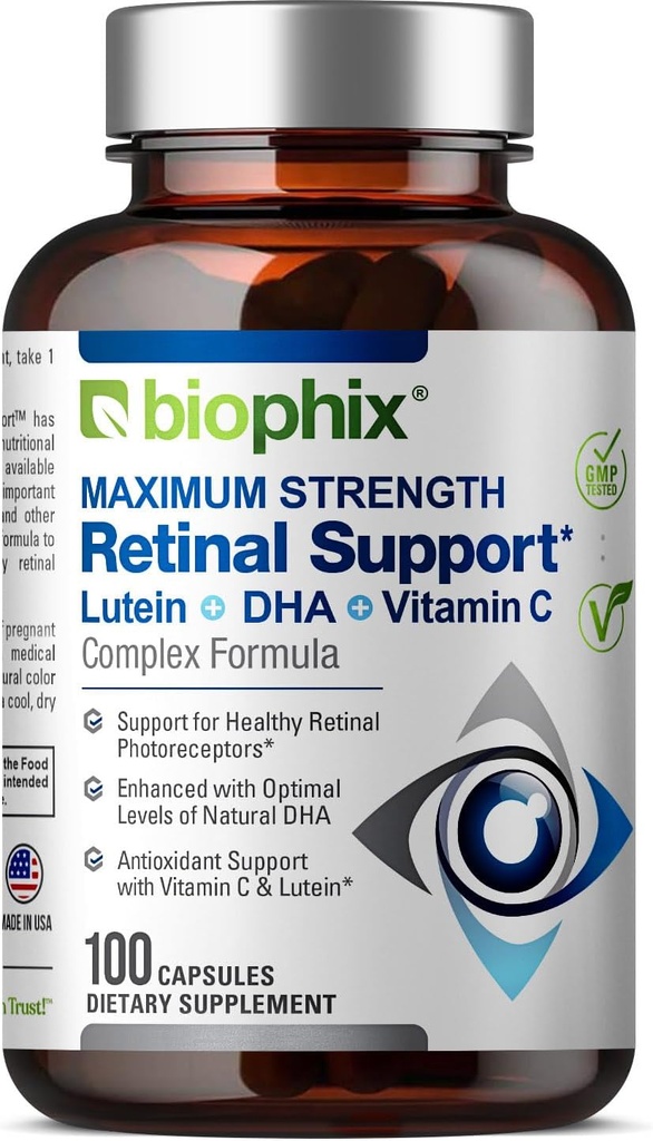 Biophix Retinal 지원 최대 힘 복잡한 공식 100 캡슐 - 아연 비타민 C E Lutein DHA Omega-3 Astaxanthin Hyaluronic 산 - 지원 눈 시각 건강