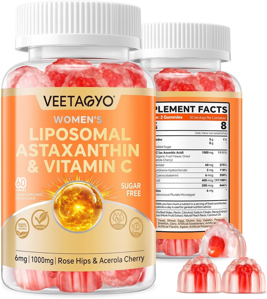 Astaxanthin 보충 교재 6mg + Liposomal 비타민 C 1000mg - 이중 층 - Niacin B6, B12, Folate, Biotin - 산화 방지제 - 젤라틴 무료, 수가 무료, 60Cts