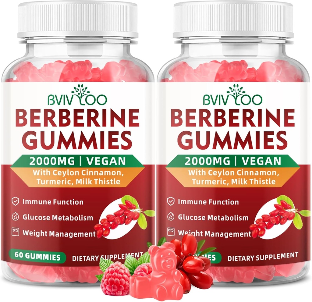 2 팩 Berberine Gummies, 2000mg 높은 힘 Berberine HCI 보충교재, 플러스 Ceylon Cinnamon, 여성 & 남자를 위한 우유 이틀, 면역 체계 & 대사 지원 - 120 Gummies