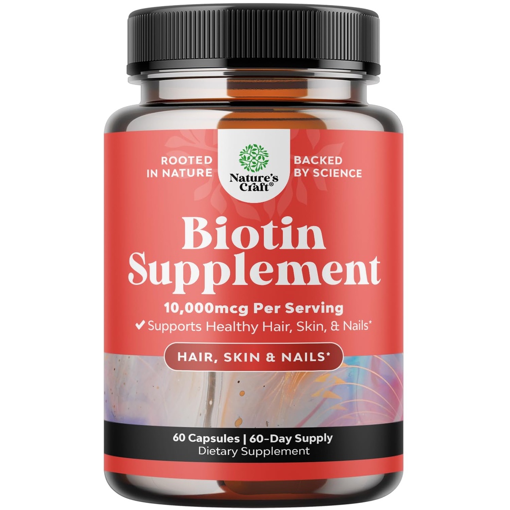 Natures Craft 10000 mcg 여성 남성을 위한 순수한 Biotin 알약 - 더 두꺼운과 Fuller 머리 승진시킵니다. 빛나는 두꺼운 머리 성장을위한 자연 보충 - 채식 비타민 캡슐 - 명확한 피부 강한 손톱을 얻으십시오