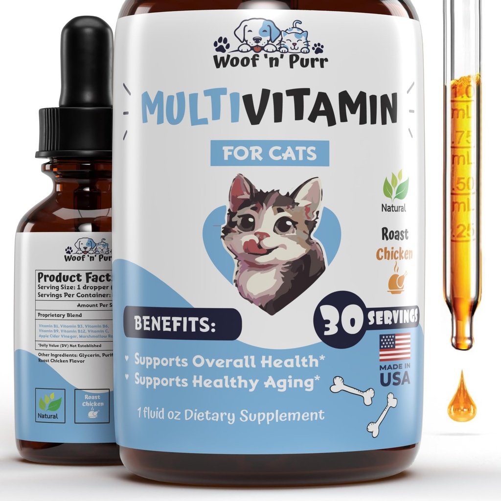 Cat Multivitamin - 건강한 피부 & 외투, 합동 지원, 장수 & 더 - 고양이 비타민 - 고양이 보충교재 & 비타민 - 실내 고양이를 위한 고양이 비타민 - 키텐 비타민 - 고양이 면역성이 있는 지원 - 1oz