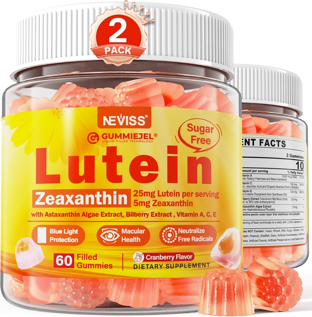 2 팩 Lutein 및 Zeaxanthin 보충제 Gummies (25mg) 비타민 A, C, E, Bilberry, Astaxanthin - 더 나은 흡수를위한 코코넛 오일 - 성인 및 청소년 비전, 눈, 두뇌, 피부 - Vegan, Sugar Free