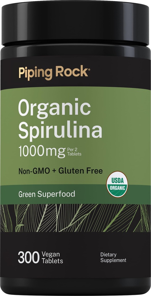 배관 바위 유기 Spirulina | 1000mg | 300 정제 | Arthrospira Platensis | 채식주의, 비 GMO, 글루텐 무료 보충