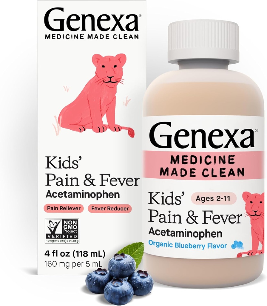 Genexa Kids' Acetaminophen Pain & Fever 구두 현탁액 약 - 4oz - 아이들을 위해 2 - 11 세, Temporarily는 고통과 발열 증후를, 5 mL 유기 블루 베리 풍미 당 160 mg 구호합니다