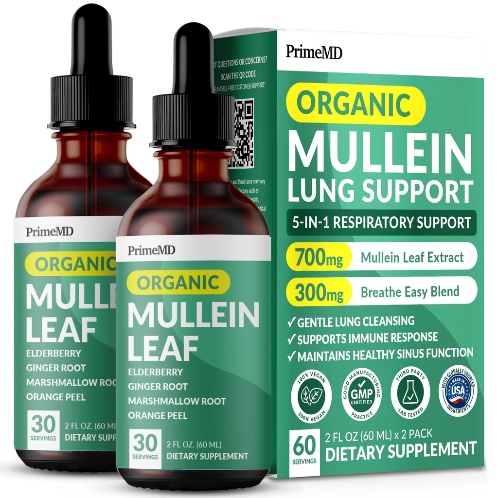 Lungs와 Bronchial - Lungs를 위한 Mullen 잎 추출물을 가진 호흡 폐 건강 지원 - Elderberry, Echinacea 및 Ginger 뿌리 (60의 서빙) (2 팩)를 가진 Mullein Tincture