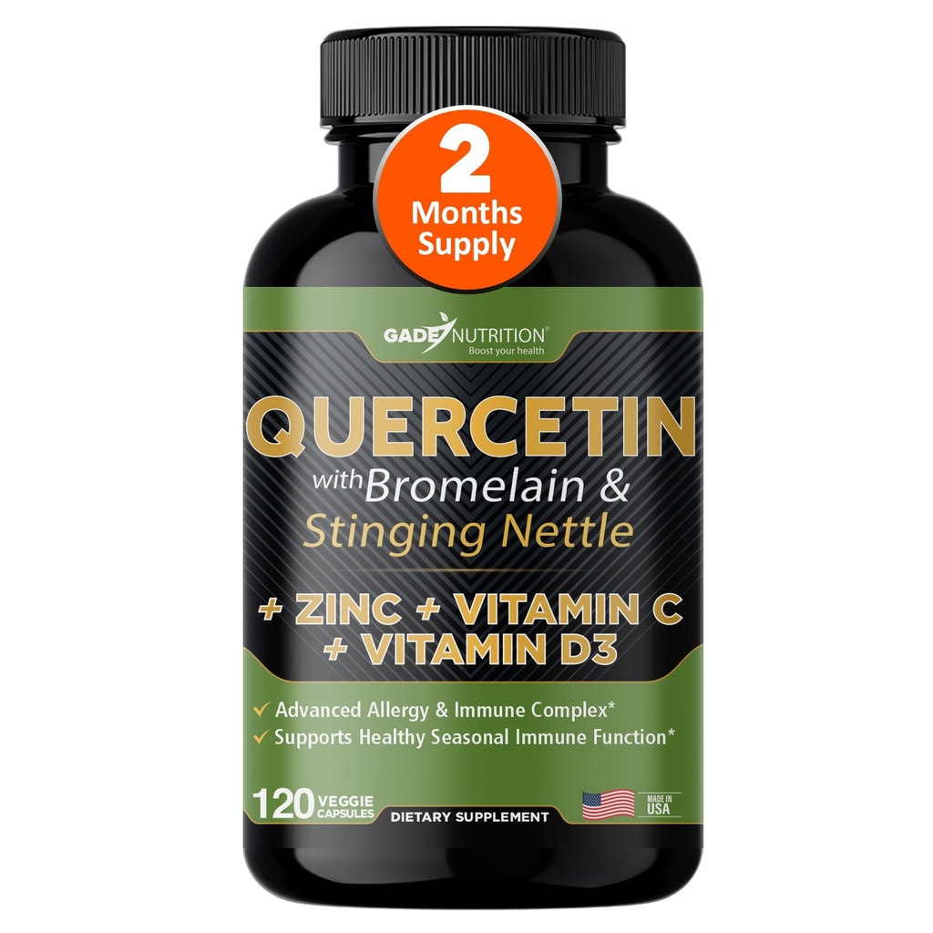 비타민 C와 아연을 가진 Quercetin - Nettle Quercetin - Quercetin 500mg - Bromelain를 가진 Quercetin - 아연 Quercetin + 비타민 D3 - 120 Veggie 모자 - (비 GMO, 글루텐 자유로운, Vegan) - 2 달 공급