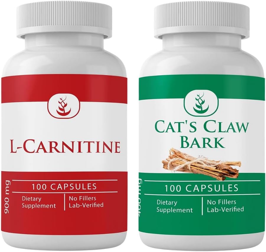PURE ORIGINAL INGREDIENTS L-Carnitine 및 고양이의 클로 벌크 번들, 100 캡슐 각각, 항상 순수한, 첨가물 또는 충전물 없음