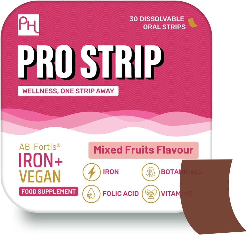 PROSTRIP® Iron+ AB-Fortis® 14mg 비타민 C, B1, B2, B6, Folic Acid, Beetroot, Spinach 및 Tart Cherry - 30 구강 채식 스트립 - 필요 없음 - Prowise Healthcare의 높은 흡수