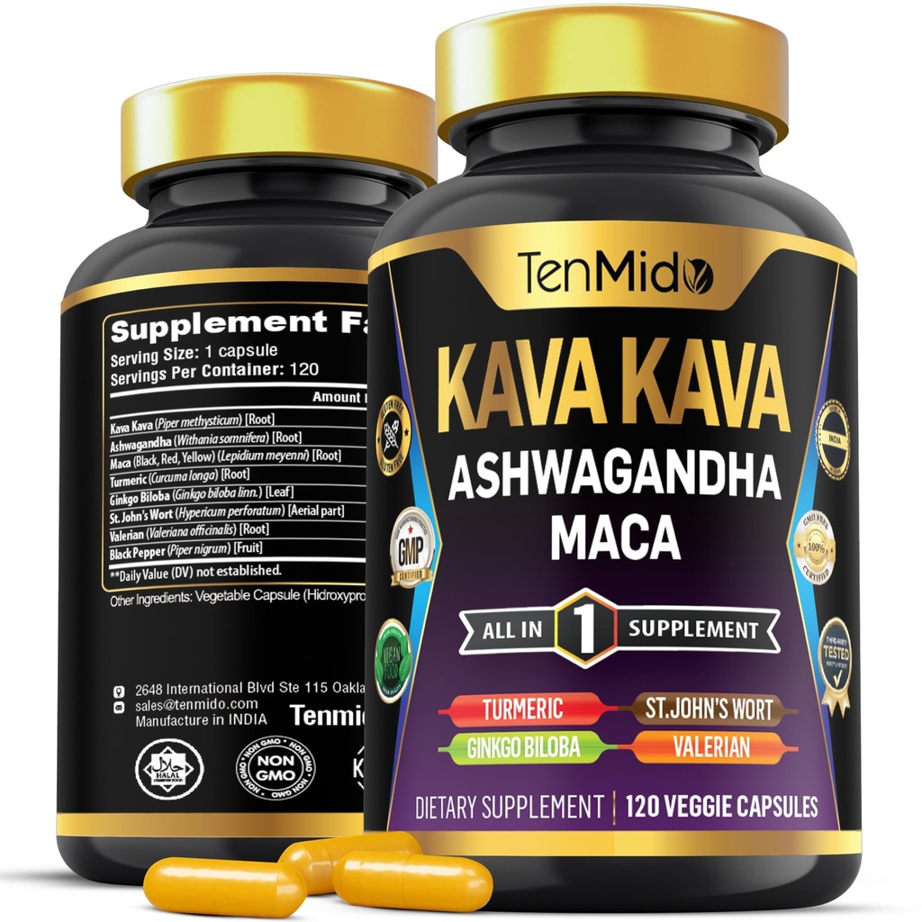 Kava Kava Root Supplement - 8in1 Formula - Ashwagandha, Maca, Turmeric, Ginkgo Biloba, St. John 's Wort, Valerian & Black Pepper - 120 Vegan 캡슐, 4 개월 공급