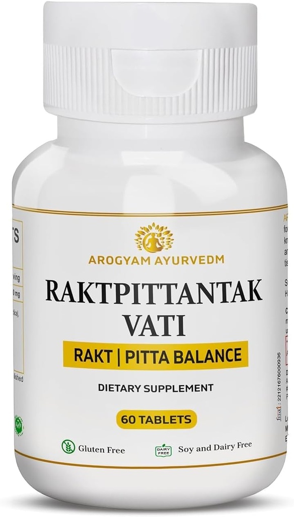 Dr. Pushp's AROGYAM AYURVEDM RAKATPITTANTAK VATI for Pitta Balance, 혈액 청정기 팩 60 정제