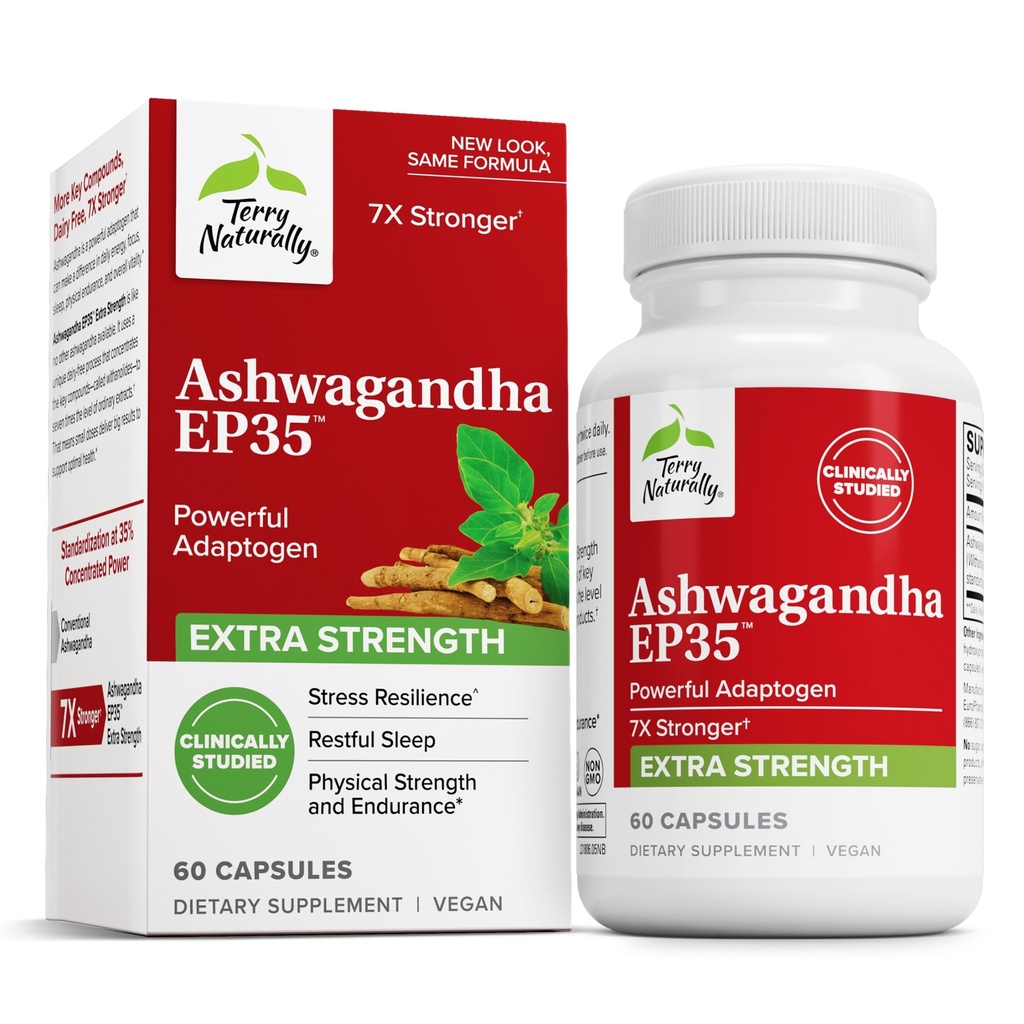 Terry Naturally Ashwagandha EP35 Extra Strength - 수면 지원을위한 초본 보충 - 건강한 스트레스 응답 - 내구력 및 에너지 지원 - 60 캡슐 (60 인분)