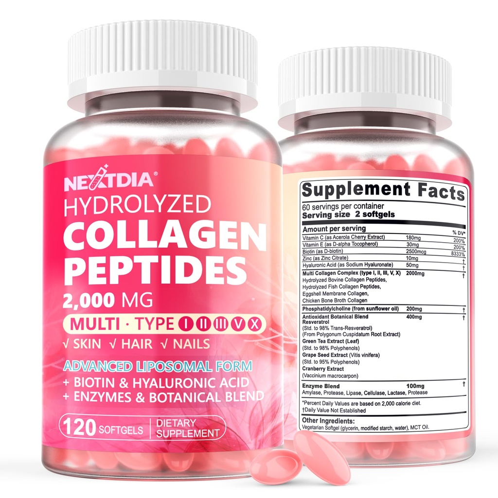2 팩 Liposomal 교원질 펩티드는 여자 2000mg를 위한 알약, 다 가수분해한 교원질 유형 I, II, III, V, 2500mcg Biotin를 가진 X - 교원질 보충교재 Softgels를 머리, 피부 & 못 비타민, 240 Cts 보충합니다