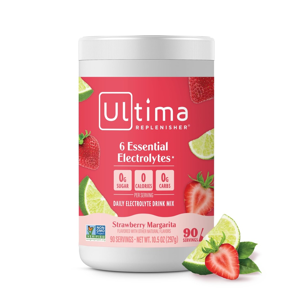 Ultima Replenisher Daily Electrolyte Powder Drink Mix - Sugar Free - Strawberry Margarita, 90 서빙 - 6 키 Electrolytes 및 Trace Minerals가있는 하이드로 션 파우더 - Keto Friendly, Non-GMO