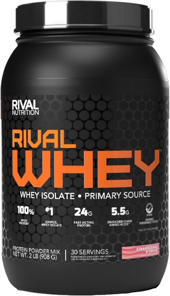Rivalus Rivalwhey - Strawberry Creme 2lb - 100 % Whey Protein, Whey Protein Isolate 1 차 소스, 깨끗한 영양 프로필, BCAA, 미국산 금지 물질 없음