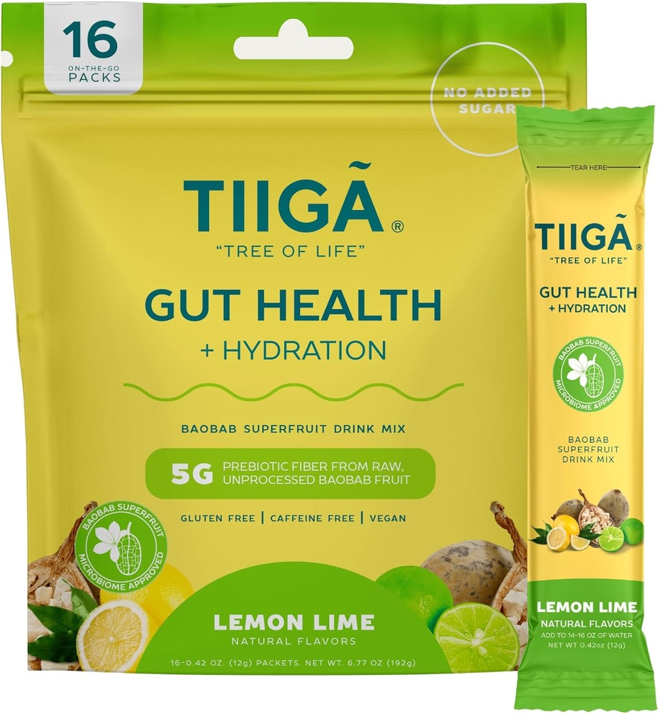 Tiiga Gut Health + Hydration Drink Mix - 7g Baobab, 5g Prebiotic Fiber, Electrolytes, No Dairy, Vegan, 추가 설탕, 소화, 일반, & 변비 - 16 서빙