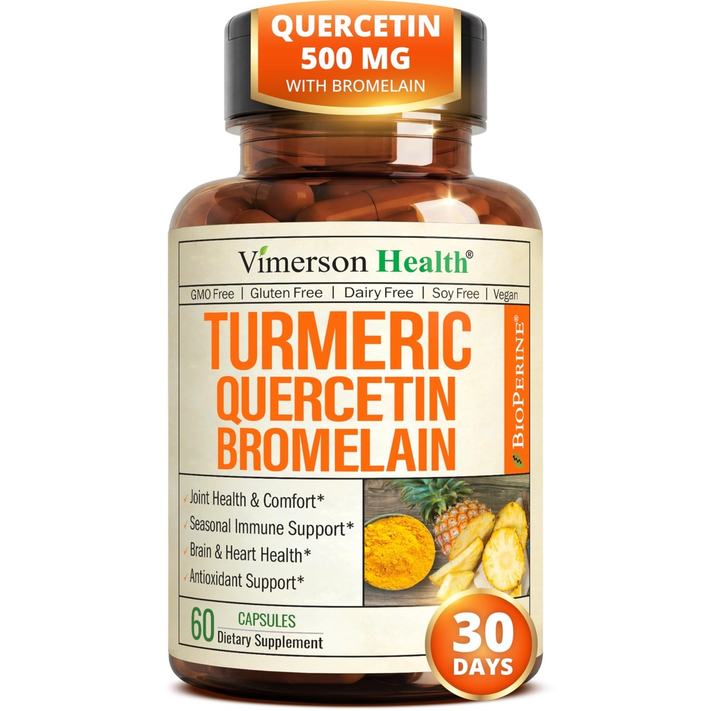 Bromelain Turmeric Curcumin 보충과 Quercetin - 알레르기 완화, 관절 및 면역 지원 - 블랙 페퍼 (비슈틴)과 유기 심황 보충 - 60 Quercetin 500mg 캡슐