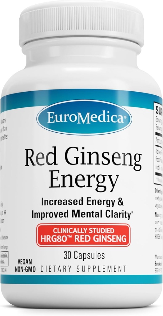 EuroMedica Red Ginseng Energy - 건강한 에너지 및 포커스를 지원하기 위해 보충 - Korean Red Ginseng Root Powder와 초본 보충 - 원조 건강한 지구력에 Vegan 정제 - 30 캡슐