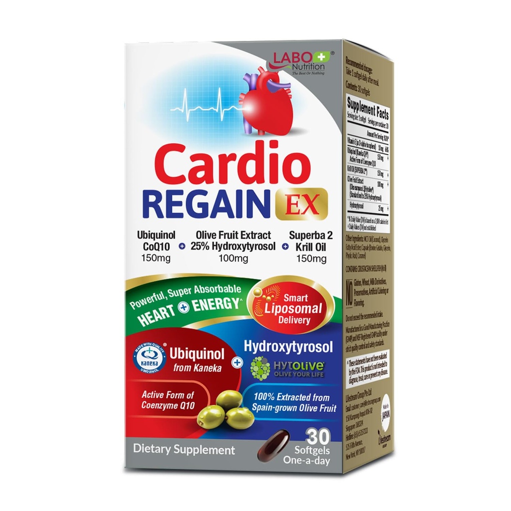 LABO 영양 CardioREGAIN EX - Kaneka QH 150mg, 올리브 과일 추출물 (25% Hydroxytyrosol), Krill 오일 - 심장, 세포 에너지, Liposomal 흡수, Non-GMO, Soy-Free