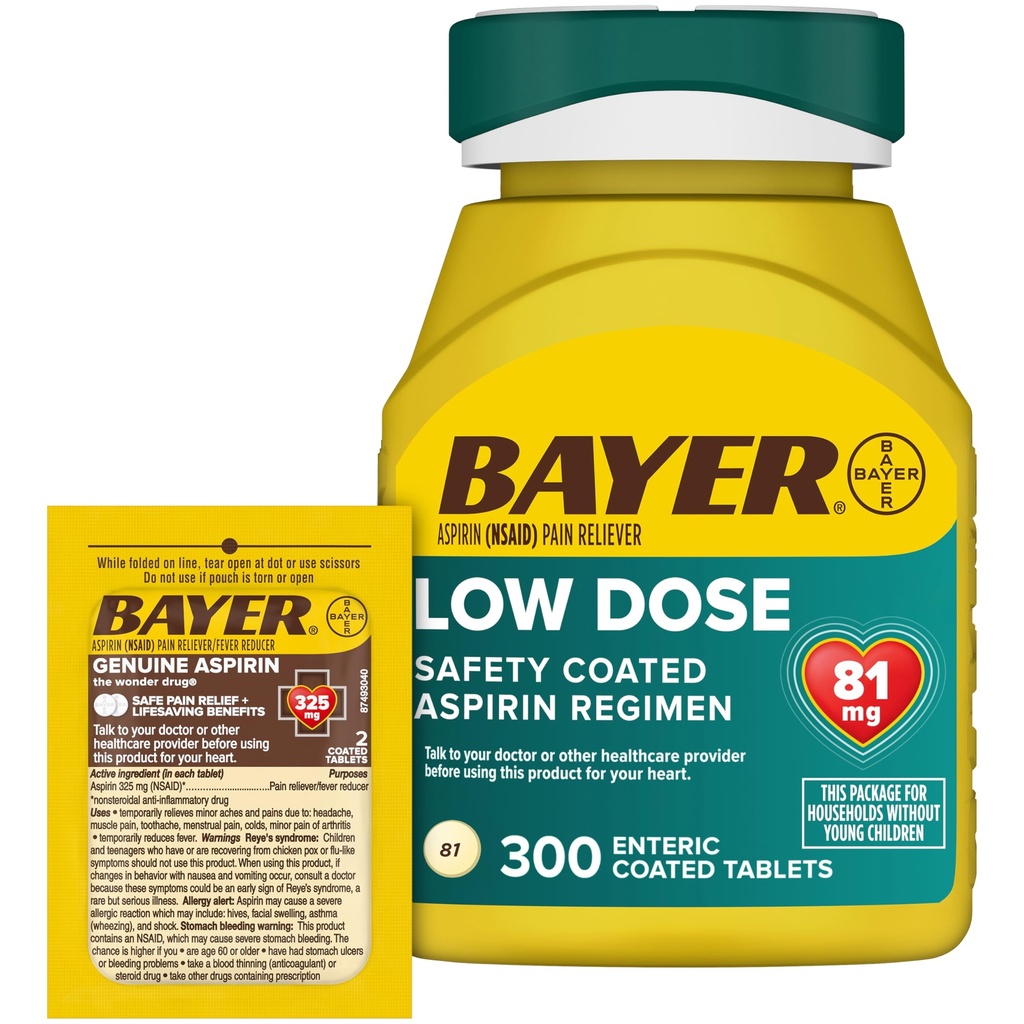 Bayer Aspirin 81mg Enteric는 정제 300ct와 진짜 Aspirin 325mg의 2개의 조사 여행 팩을 입혔습니다