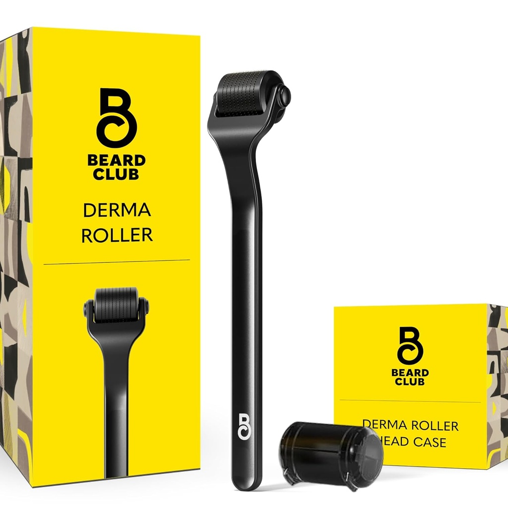 얼굴, 바디 및 스칼프를위한 Beard Club Premium Derma Roller - 540 티타늄 Microneedles가있는 남성과 여성을위한 Microneedling Roller - 헤어 및 Beard - 무게 금속 손잡이 - 마그네틱 스토리지 케이스