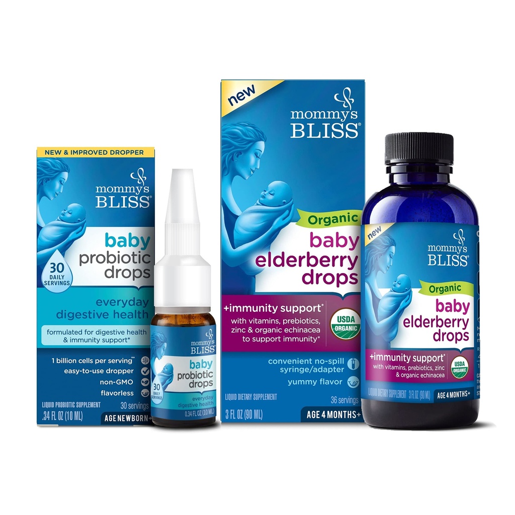 Mommy's Bliss Baby Probiotic Drops 매일 30 서빙 (팩 1) 유기농 아기 Elderberry Drops 36 서빙 (팩 1), 지원 아기의 면역