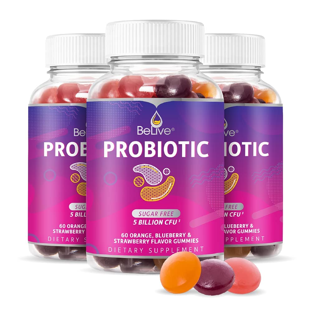 BeLive Probiotic Gummies - 소화 건강, 남성, 여성 및 아이 Probiotic 보충 교재, 설탕 무료 & Vegan - 블루 베리, 딸기 및 오렌지 | 3-Pack